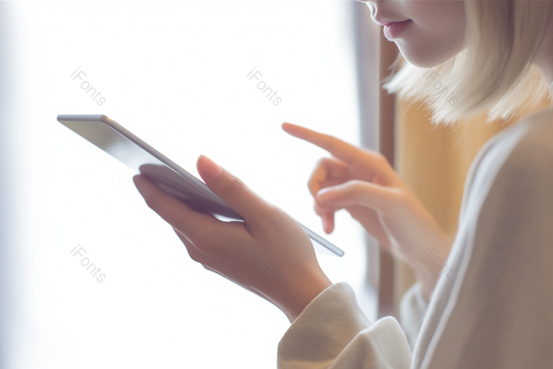 金发女孩手拿着智能设备在房间里,高清,摄影图,摄影图片,图片大全,摄影图免费下载